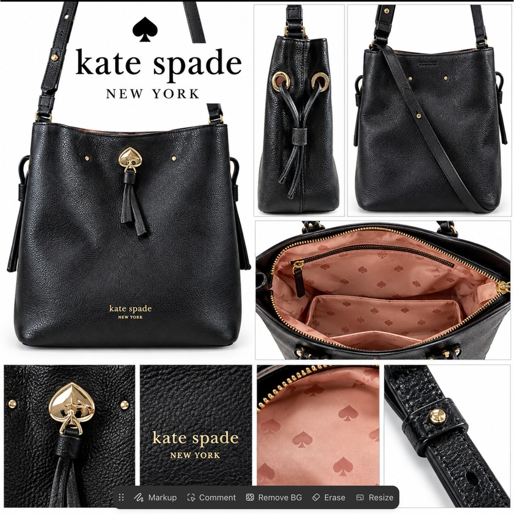 Kate Spade Crossbody Bag Womens Small Black Eva‎ Bucket Pebbled Leather Purse